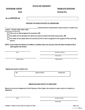 Thumbnail of Vermont Form Motion To Waive Notice To Creditors
