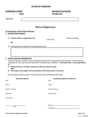 Thumbnail of Vermont Form Notice Of Appearance
