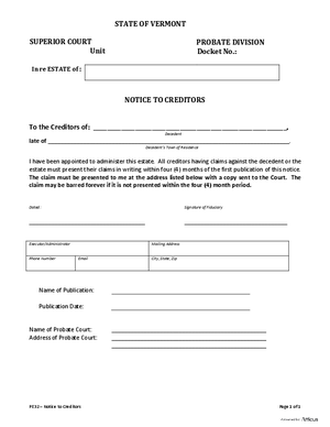 Thumbnail of Vermont Form Notice To Creditors