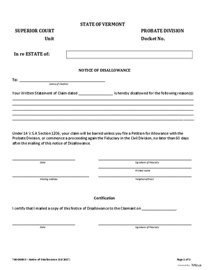 Thumbnail of Vermont Form Notice Of Disallowance