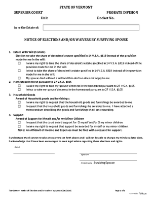 Thumbnail of Vermont Form Notice Of Elections And/or Waivers By Surviving Spouse