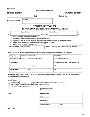 Thumbnail of Vermont Form Petition For Issuance Of Certificate Of Presumed Death