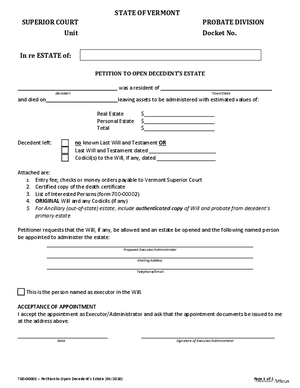 Thumbnail of Vermont Form Petition To Open Decedent's Estate