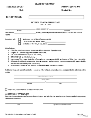 Thumbnail of Vermont Form Petition To Open Small Estate
