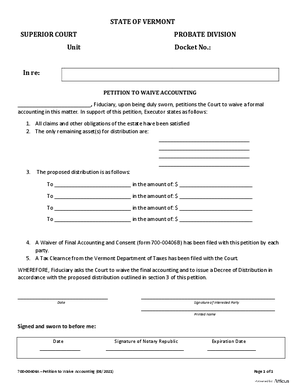 Thumbnail of Vermont Form Petition To Waive Accounting