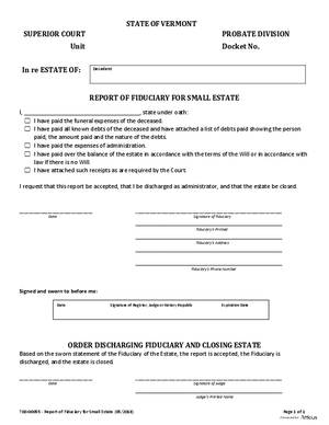Thumbnail of Vermont Form Report Of Fiduciary Of Small Estate