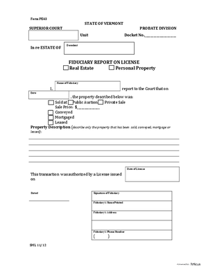 Thumbnail of Vermont Form Report On License To Sell, Convey, Mortgage Or Lease Real Estate Or Personal Property