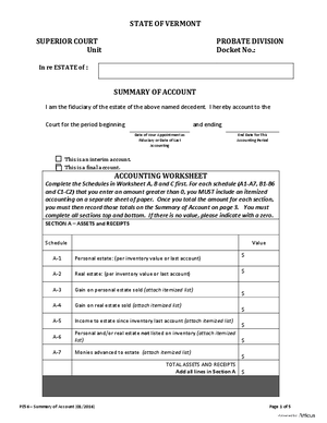 Thumbnail of Vermont Form Summary Of Account With Schedules & Motion To Allow Account