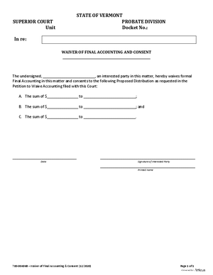 Thumbnail of Vermont Form Waiver Of Final Accounting And Consent