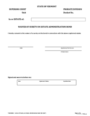Thumbnail of Vermont Form Waiver Of Surety On Estate Administration Bond