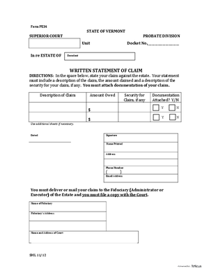Thumbnail of Vermont Form Written Statement Of Claim