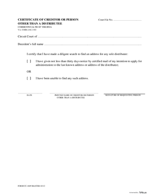Thumbnail of Virginia Form Certificate Of Creditor Or Person Other Than A Distributee