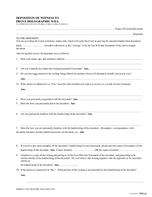 Thumbnail of Virginia Form Deposition Of Witness To Prove Holographic Will
