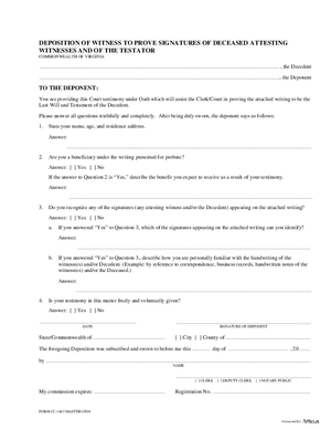 Thumbnail of Virginia Form Deposition Of Witness To Prove Signatures Of Deceased Attesting Witnesses And Of The Testator
