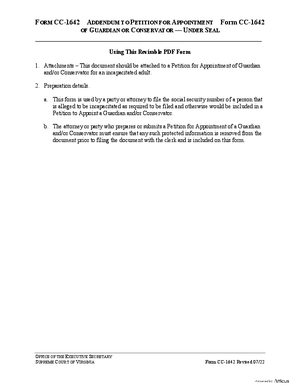 Thumbnail of Virginia Form Instructions For: Addendum To Petition For Appointment Of Guardian Or Conservator-under Seal
