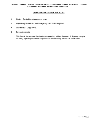 Thumbnail of Virginia Form Instructions For: Deposition Of Witness To Prove Signatures Of Deceased Attesting Witnesses And Of The Testator