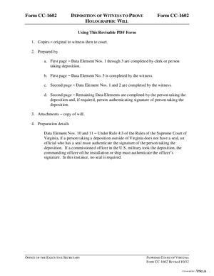 Thumbnail of Virginia Form Instructions For: Deposition Of Witness To Prove Holographic Will