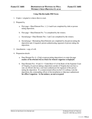Thumbnail of Virginia Form Instructions For: Deposition Of Witness To Will Without Self-proving Clause