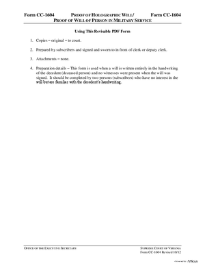 Thumbnail of Virginia Form Instructions For: Proof Of Holographic Will / Proof Of Soldier's Or Sailor's Will