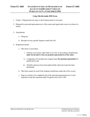 Thumbnail of Virginia Form Instructions For: Statement In Lieu Of Settlement Of Account For Decedent's Estate Pursuant To Va. Code § 64.2-1314