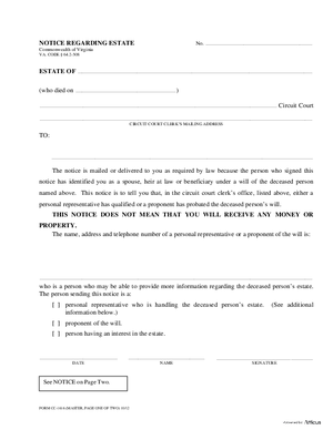 Thumbnail of Virginia Form Notice Regarding Estate Of