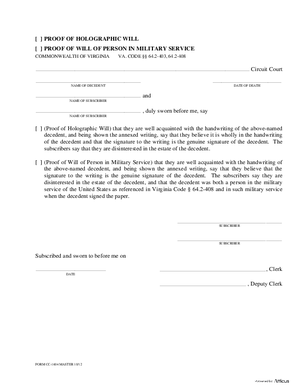 Thumbnail of Virginia Form Proof Of Holographic Will / Proof Of Soldier's Or Sailor's Will