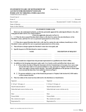 Thumbnail of Virginia Form Statement In Lieu Of Settlement Of Account For Decedent's Estate Pursuant To Va. Code § 64.2-1314