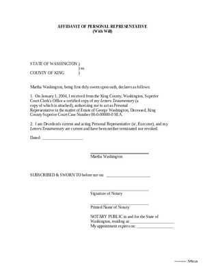 Thumbnail of Washington Form Affidavit Of Personal Representative (With Will)