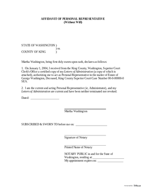 Thumbnail of Washington Form Affidavit Of Personal Representative (Without Will)