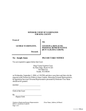 Thumbnail of Washington Form Citation (Re Removal Of Personal Representative)