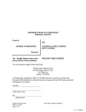 Thumbnail of Washington Form Citation (Re Will Contest)