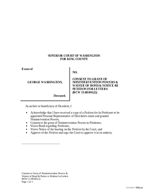 Thumbnail of Washington Form Consent To Grant Of Nonintervention Powers & Waiver Of Bond & Notice Re Petition For Letters