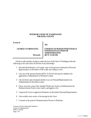 Thumbnail of Washington Form Consent Of Person Potentially Entitled To Letters Of Administration