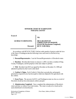 Thumbnail of Washington Form Declaration Of Completion Of Probate (With Will; Distribution Completed)