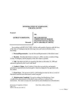 Thumbnail of Washington Form Declaration Of Completion Of Probate (With Will; With Future Distribution)
