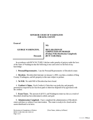 Thumbnail of Washington Form Declaration Of Completion Of Probate (Without Will; Distribution Completed)