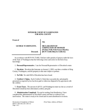Thumbnail of Washington Form Declaration Of Completion Of Probate (Without Will; With Future Distribution)