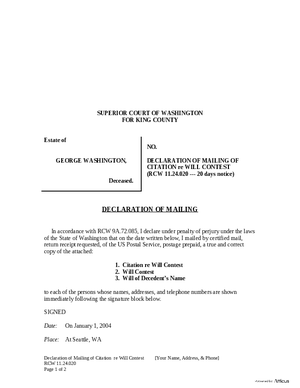 Thumbnail of Washington Form Declaration Of Mailing Of Citation Re Will Contest