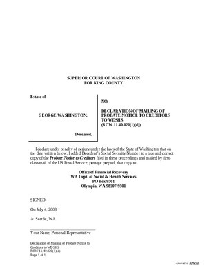 Thumbnail of Washington Form Declaration Of Mailing Of Probate Notice To Creditors To Wdshs