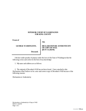 Thumbnail of Washington Form Declaration Re Authenticity Of Copy Of Lost Will