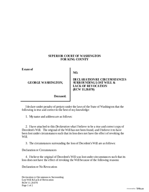 Thumbnail of Washington Form Declaration Re Circumstances Surrounding Lost Will & Lack Of Revocation