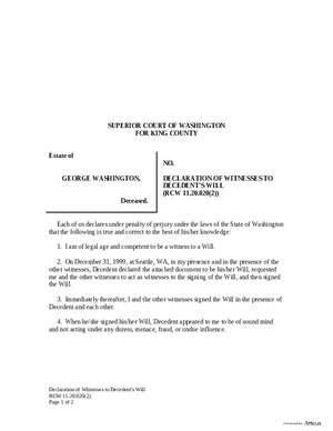 Thumbnail of Washington Form Declaration Of Witnesses To Decedent’s Will