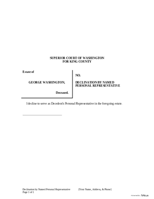 Thumbnail of Washington Form Declination By Named Personal Representative