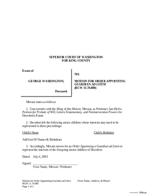 Thumbnail of Washington Form Motion For Order Appointing Guardian Ad Litem