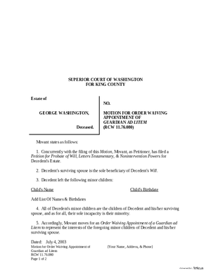 Thumbnail of Washington Form Motion For Order Waiving Appointment Of Guardian Ad Litem