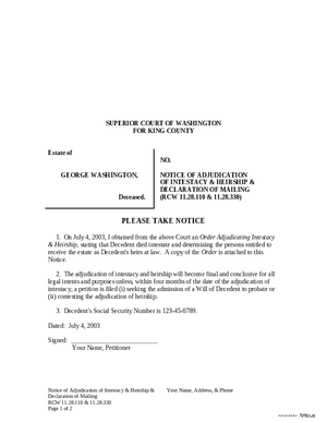 Thumbnail of Washington Form Notice Of Adjudication Of Intestacy & Heirship & Declaration Of Mailing