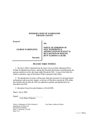 Thumbnail of Washington Form Notice Of Admission Of Will To Probate & Adjudication Of Testacy & Declaration Of Mailing