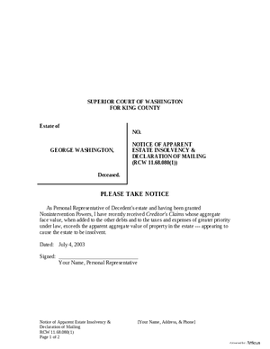 Thumbnail of Washington Form Notice Of Apparent Estate Insolvency & Declaration Of Mailing