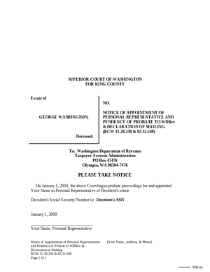 Thumbnail of Washington Form Notice Of Appointment Of Personal Representative & Pendency Of Probate To Wa Department Of Revenue & Declaration Of Mailing