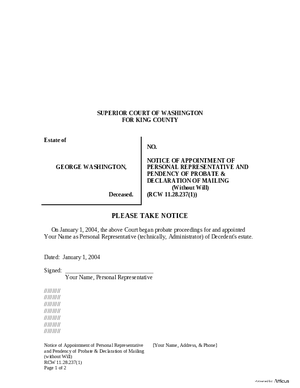 Thumbnail of Washington Form Notice Of Appointment Of Personal Representative & Pendency Of Probate (Without Will) & Declaration Of Mailing